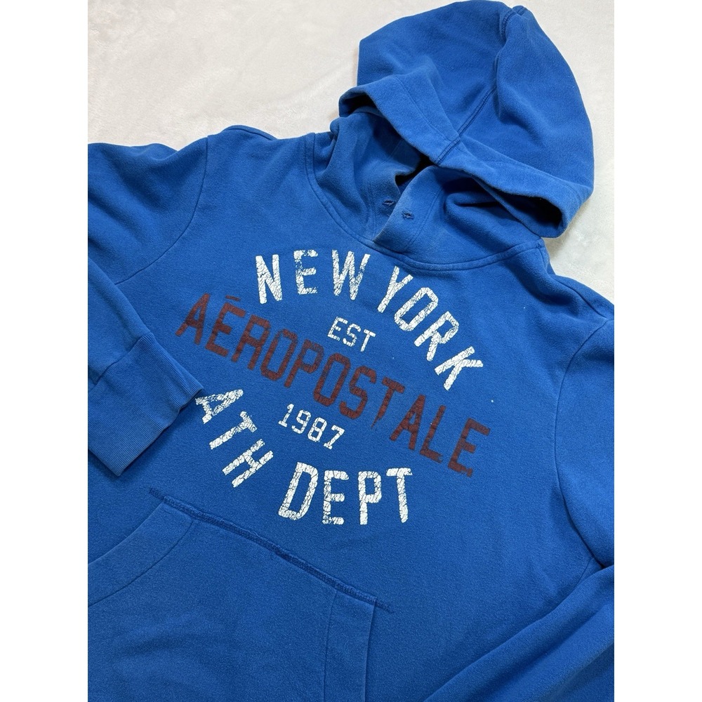 Aeropostale Y2K Hoodie Mens Small Blue New York Spellout Graphic Pullover